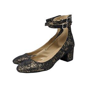 Marc Fisher Womens Block Heels 2" Gold Floral Ankle Buckle Brocade Lace Black 8